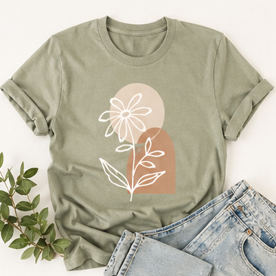 Sage green floral graphic women's T-shirt flat lay