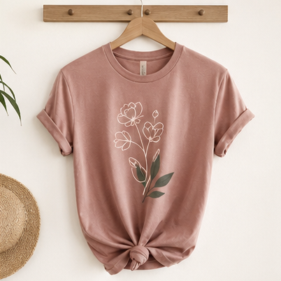 Dusty rose floral women's T-shirt on hanger