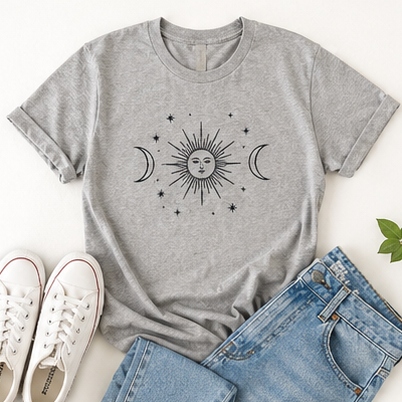 Heather gray celestial graphic women's T-shirt with denim
