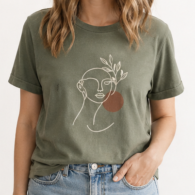 Olive green line art women's T-shirt worn with jeans