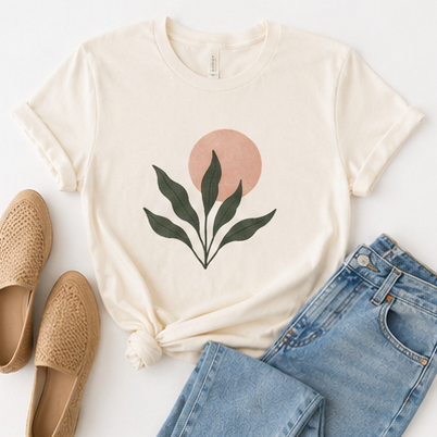 Cream plant graphic women's T-shirt flat lay with jeans