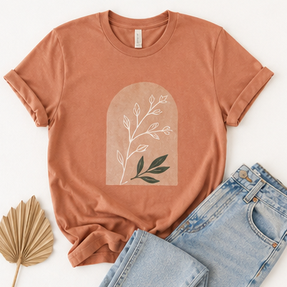 Terracotta botanical graphic women's T-shirt with denim