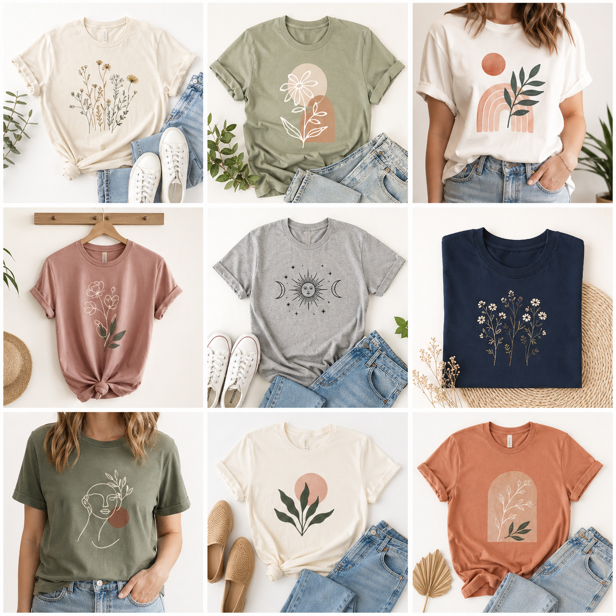 A grid of women's graphic T-shirt product photos